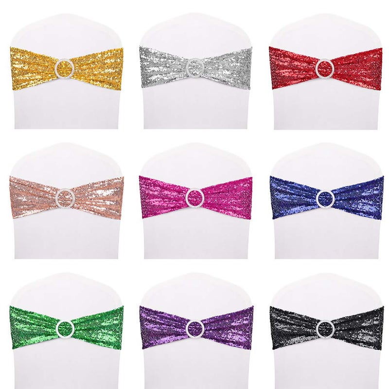 Desirable Life Pack of 25 Chair Sashes Sequin Stretchy Spandex Bands Decorative Bows One-Sided Sequins Decor for Romantic Wedding Party Home Chair Cover Sash Decorations - Silver - Image 5